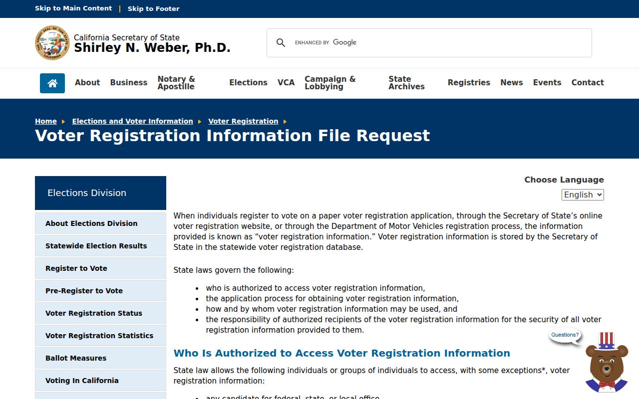 Berkeley voter registration records California voter file request page