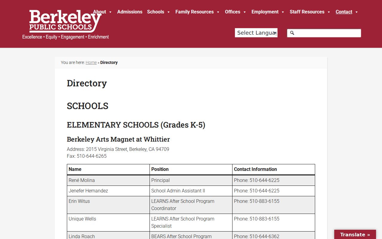 Berkeley people directories Unified School District staff listings